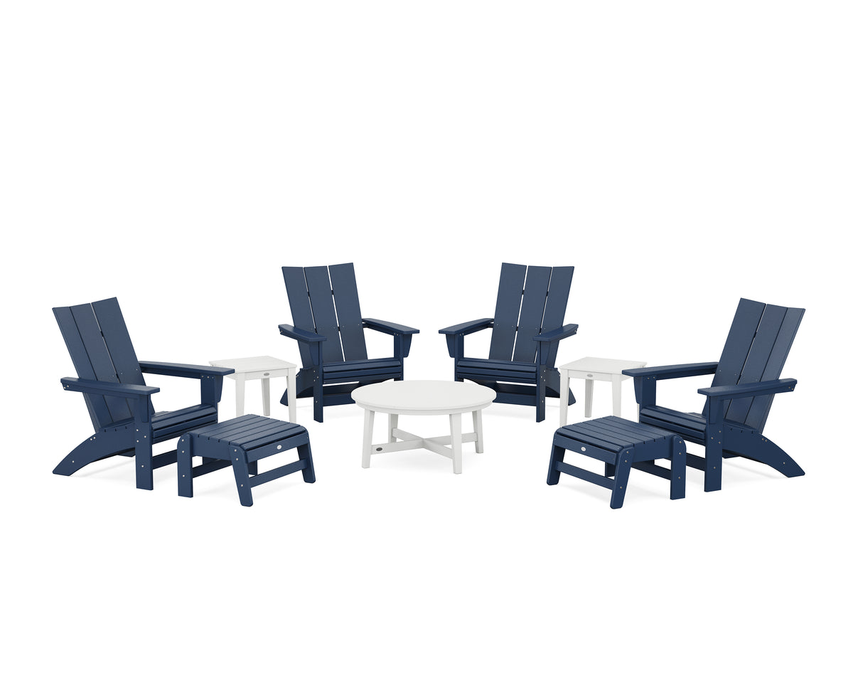 POLYWOOD Modern Grand Adirondack 9-Piece Conversation Set in Navy / White