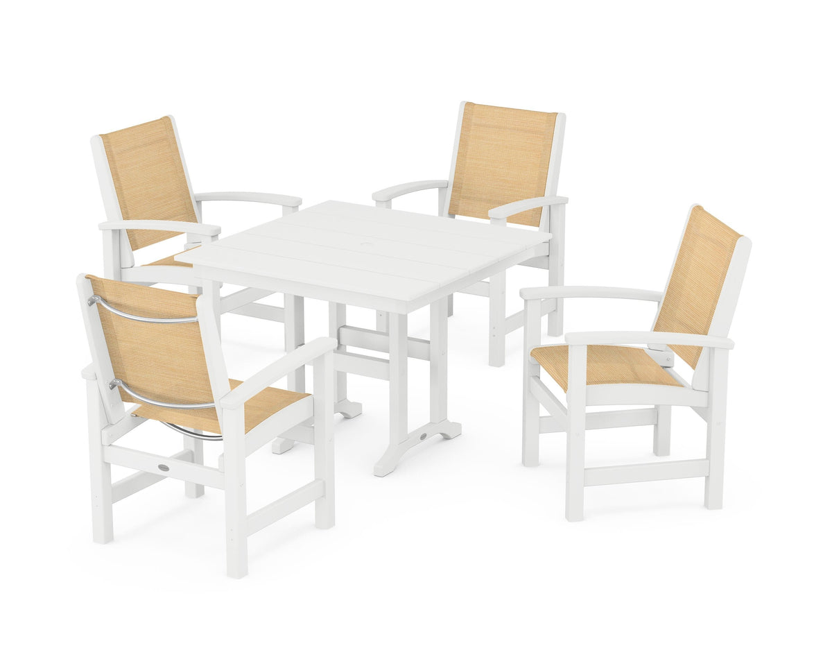 POLYWOOD Coastal 5-Piece Farmhouse Dining Set with Farmhouse 37" Dining Table in White / Dupioni Apricot