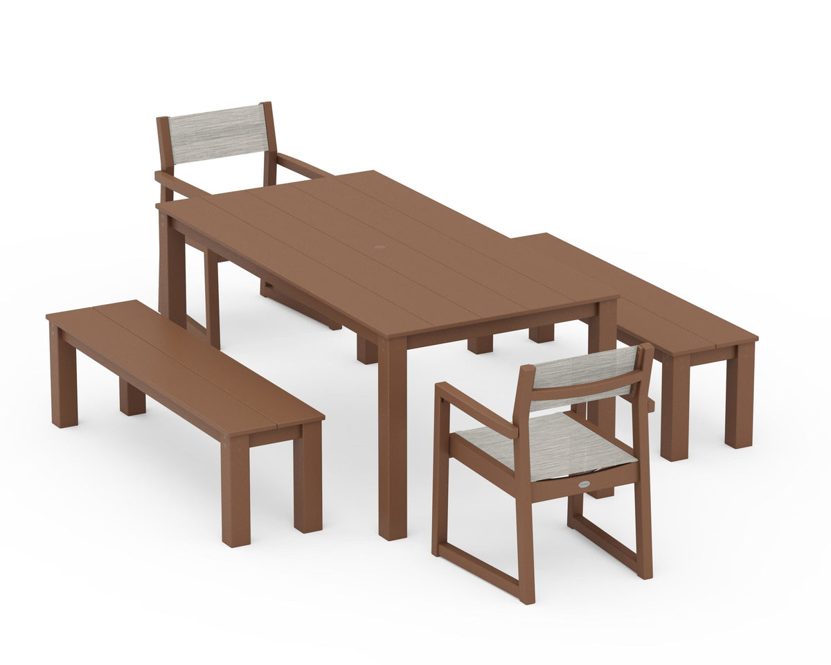 POLYWOOD EDGE Sling Arm Chair 5-Piece Parsons Dining Set with Benches in Teak / Birch