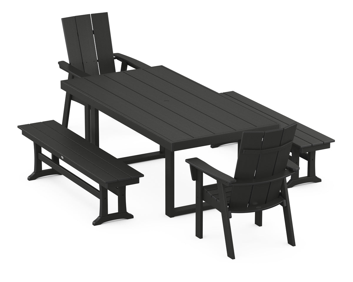 POLYWOOD Modern Curveback Adirondack 5-Piece Dining Set with Benches - 39" x 78" Table in Black