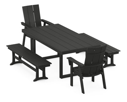 POLYWOOD Modern Curveback Adirondack 5-Piece Dining Set with Benches - 39" x 78" Table in Black