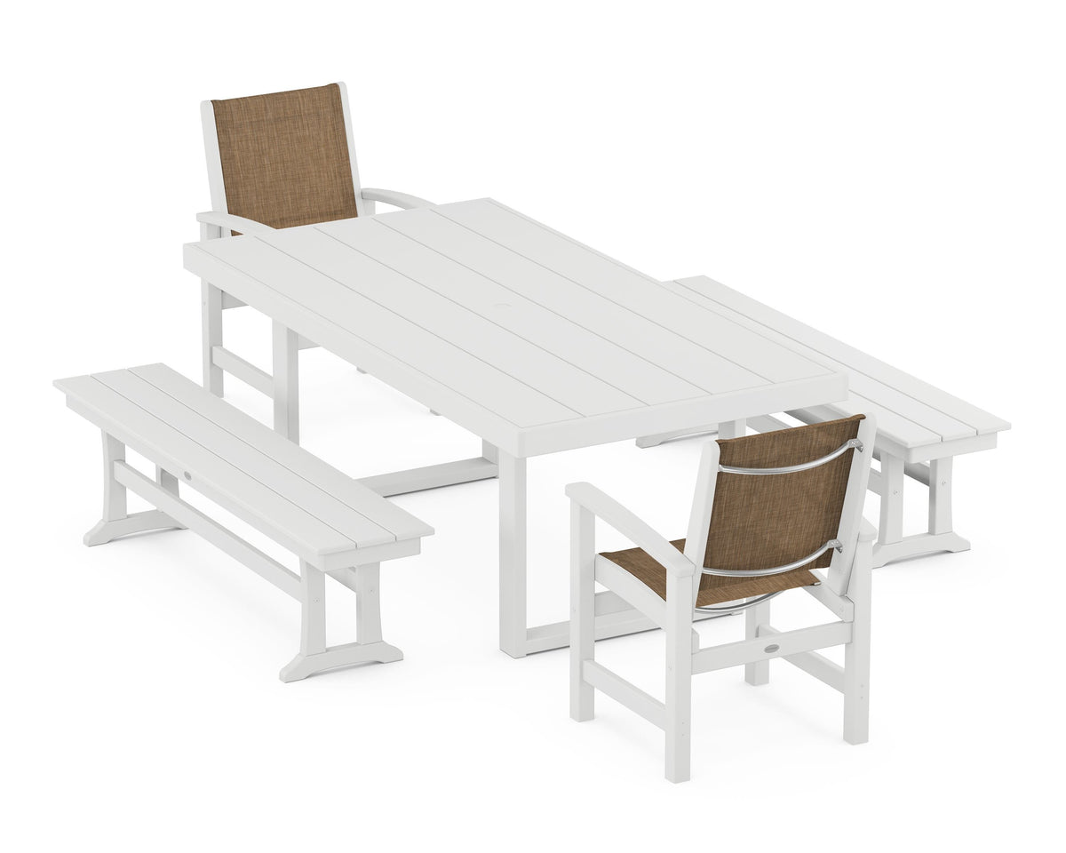 POLYWOOD Coastal 5-Piece Dining Set with Trestle Legs with EDGE 40" x 78" Dining Table in White / Burlap