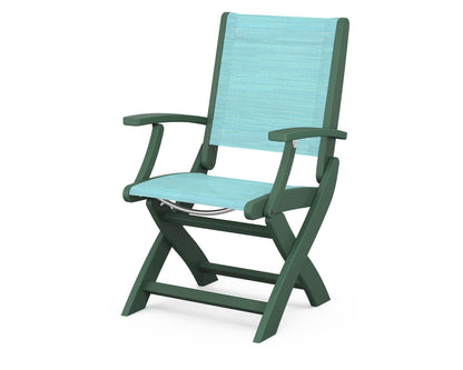 POLYWOOD Coastal Folding Chair in Green with Green arms and Dupioni Aquamarine sling
