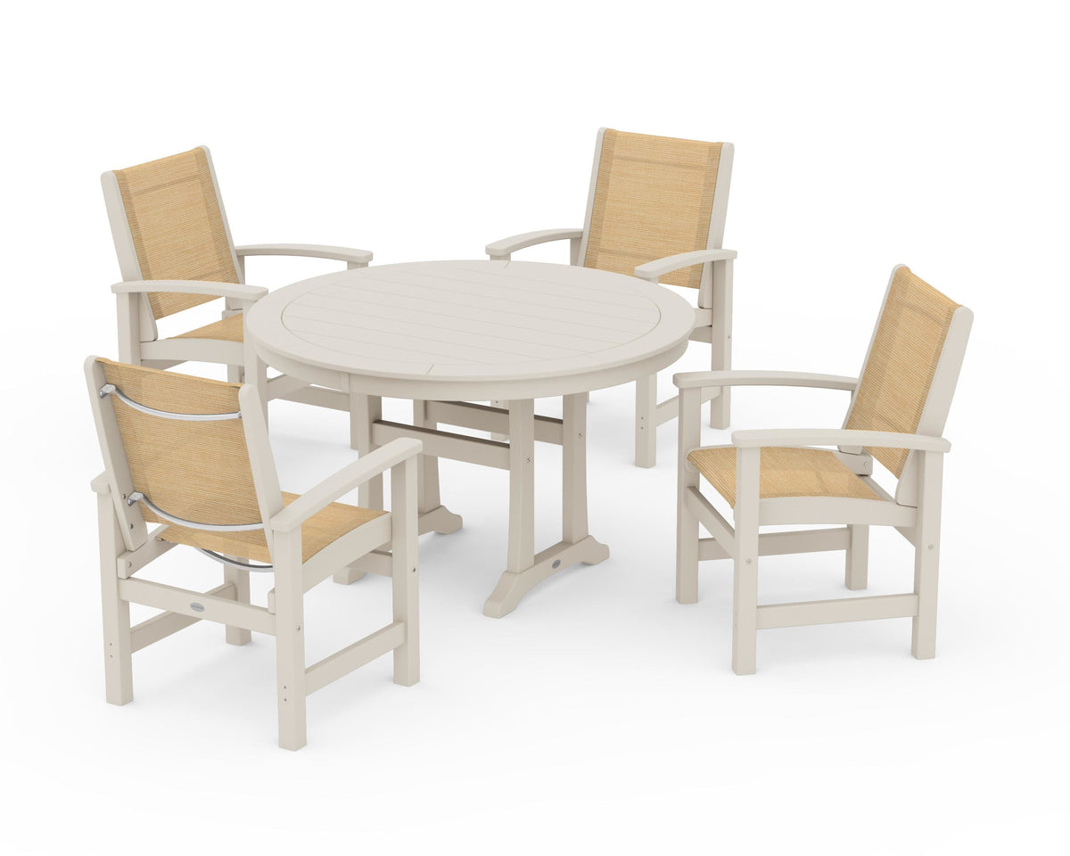 POLYWOOD Coastal 5-Piece Round Dining Set with Trestle Legs in Sand / Dupioni Apricot