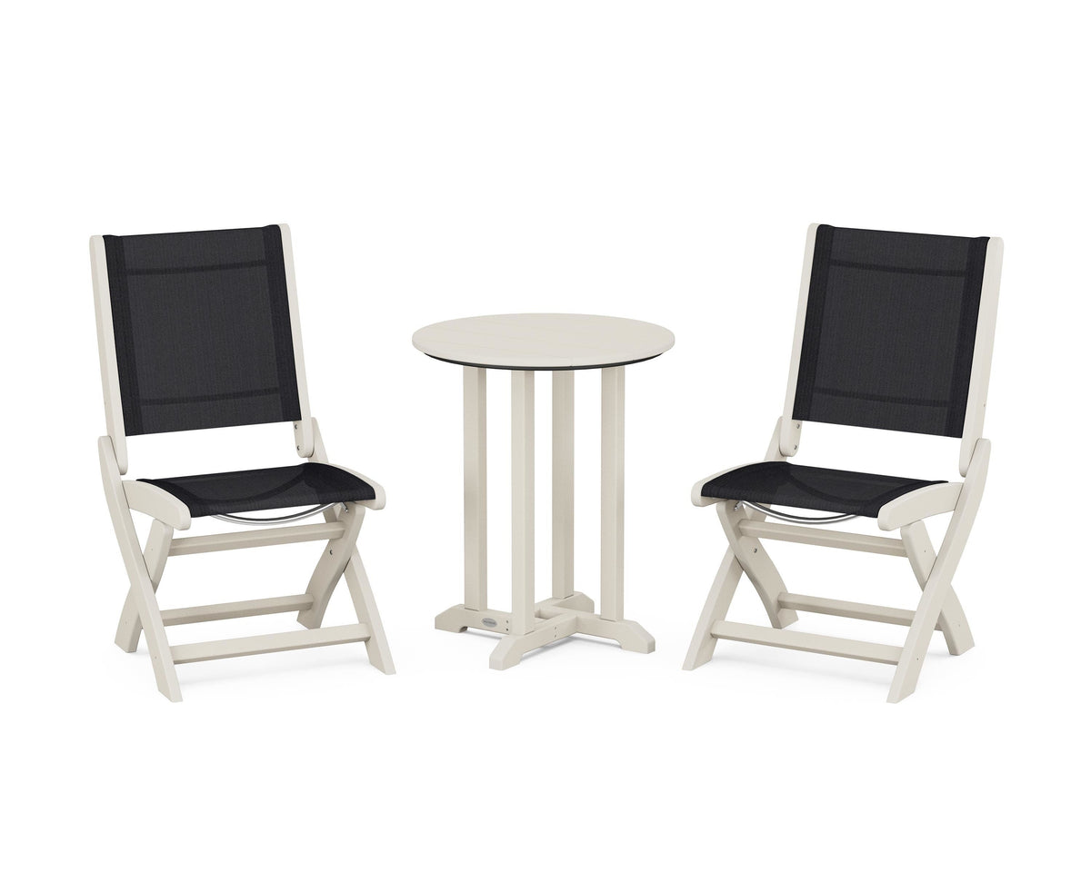 POLYWOOD Coastal Folding Side Chair 3-Piece Round Bistro Dining Set in Sand / Black