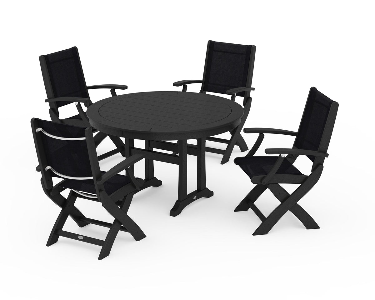 POLYWOOD Coastal Folding Chair 5-Piece Round Dining Set with Trestle Legs in Black / Black