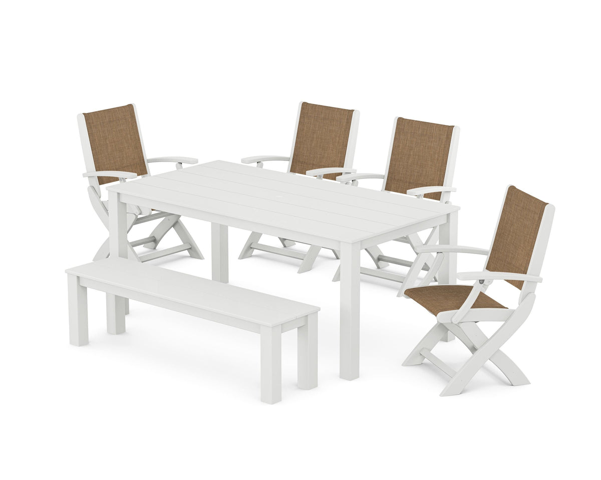 POLYWOOD Coastal Folding Chair 6-Piece Parsons Dining Set with Bench in White / Burlap