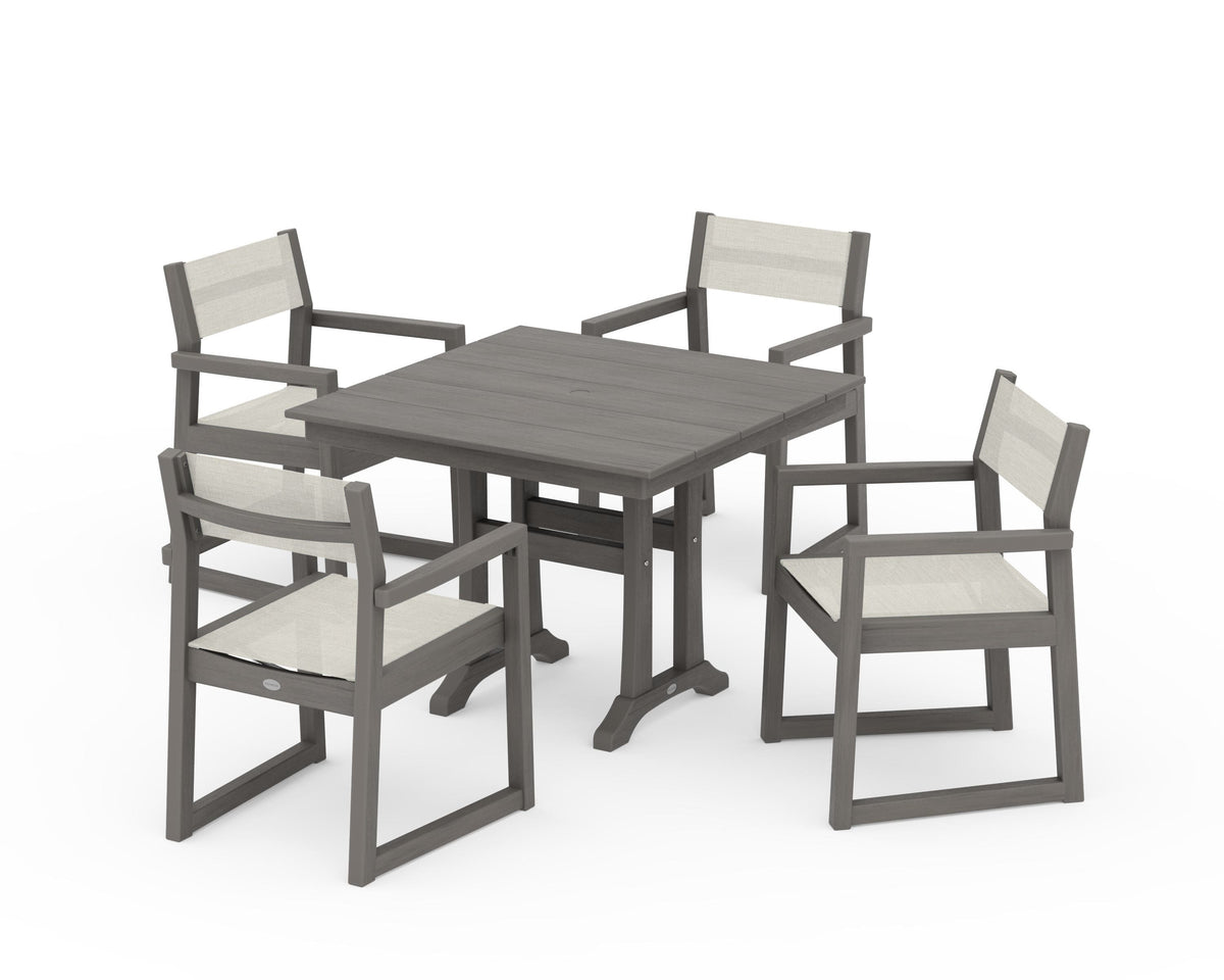 POLYWOOD EDGE Sling 5-Piece Farmhouse Dining Set with Trestle Legs in Driftwood / Parchment