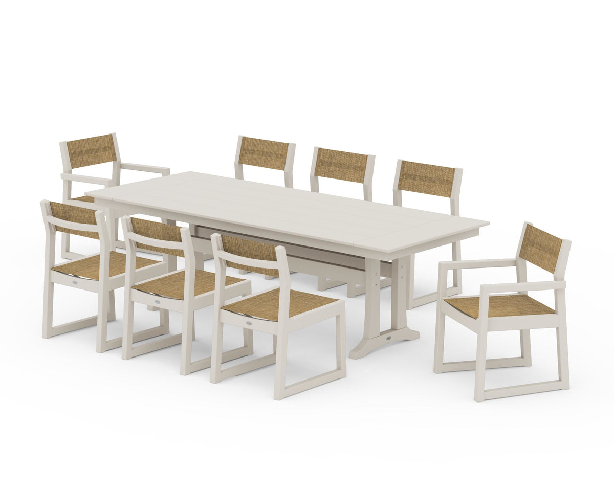 POLYWOOD EDGE Sling 9-Piece Farmhouse Trestle Dining Set in Sand / Burlap
