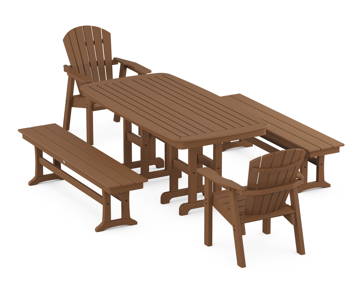 POLYWOOD Seashell 5-Piece Dining Set with Benches - 37" x 72" Table in Teak