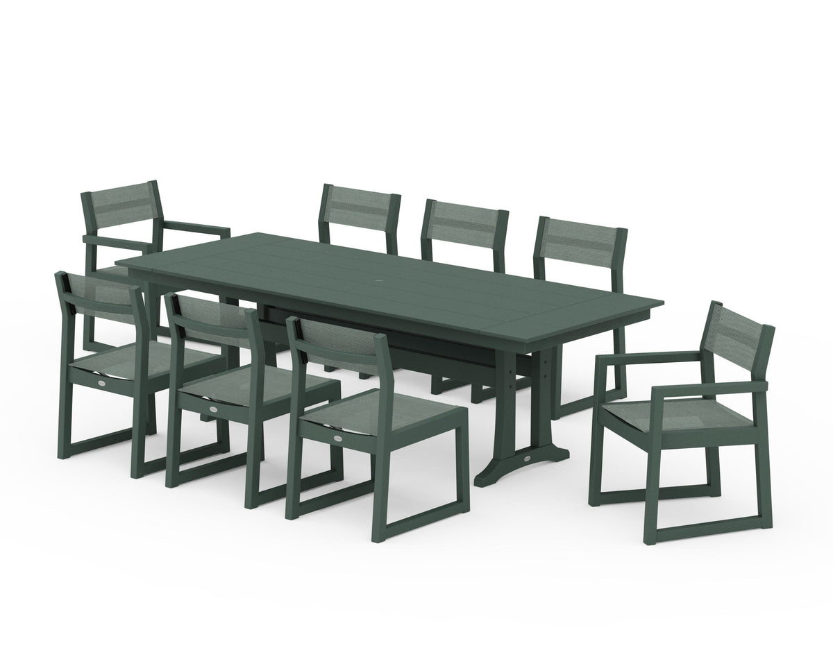 POLYWOOD EDGE Sling 9-Piece Farmhouse Trestle Dining Set in Green / Dupioni Sea Mist