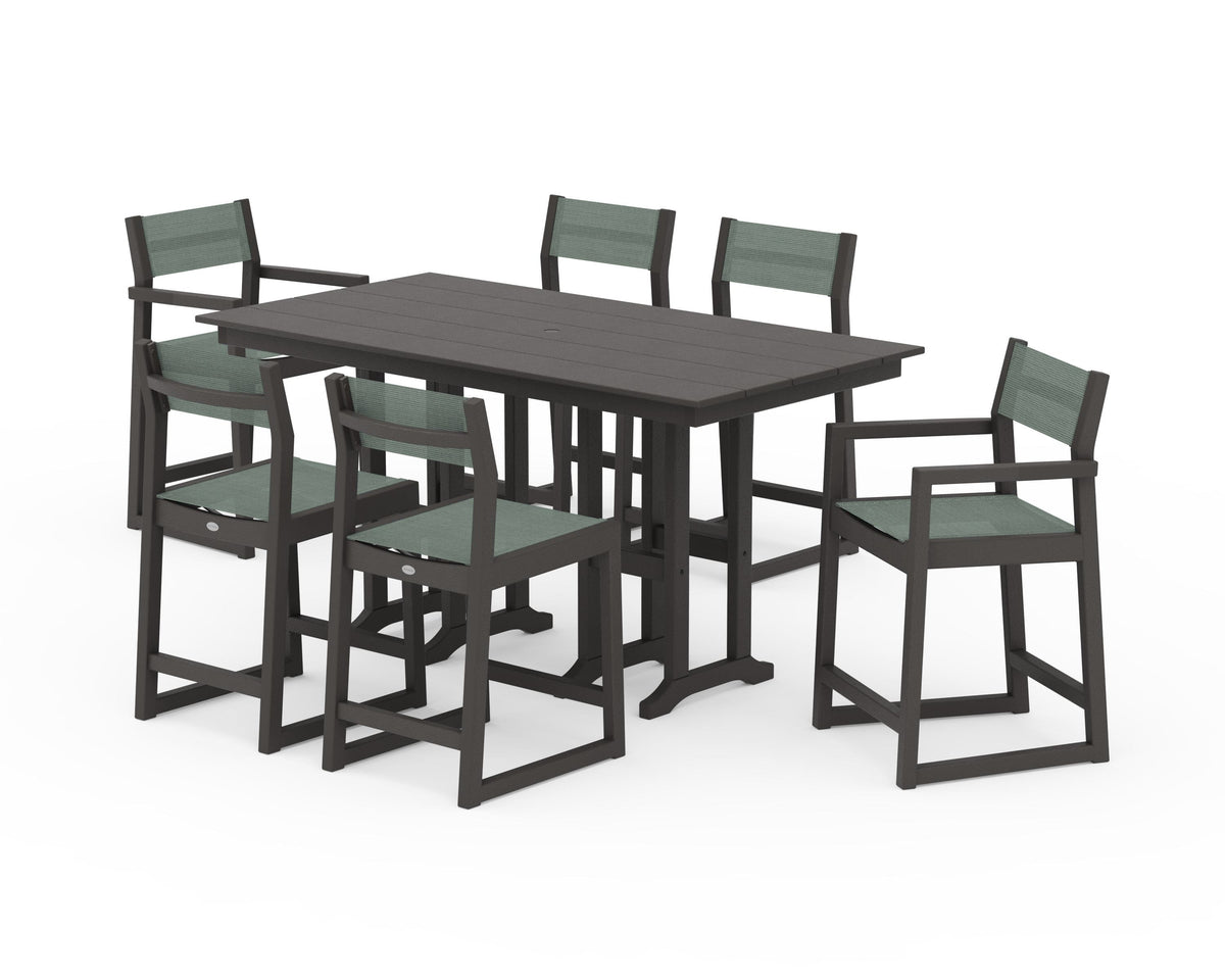 POLYWOOD EDGE Sling 7-Piece Farmhouse Counter Set with Trestle Legs in Vintage Coffee / Dupioni Sea Mist