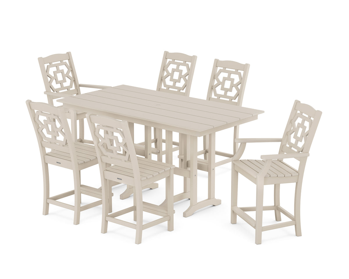 POLYWOOD Chinoiserie 7-Piece Farmhouse Counter Set in Sand