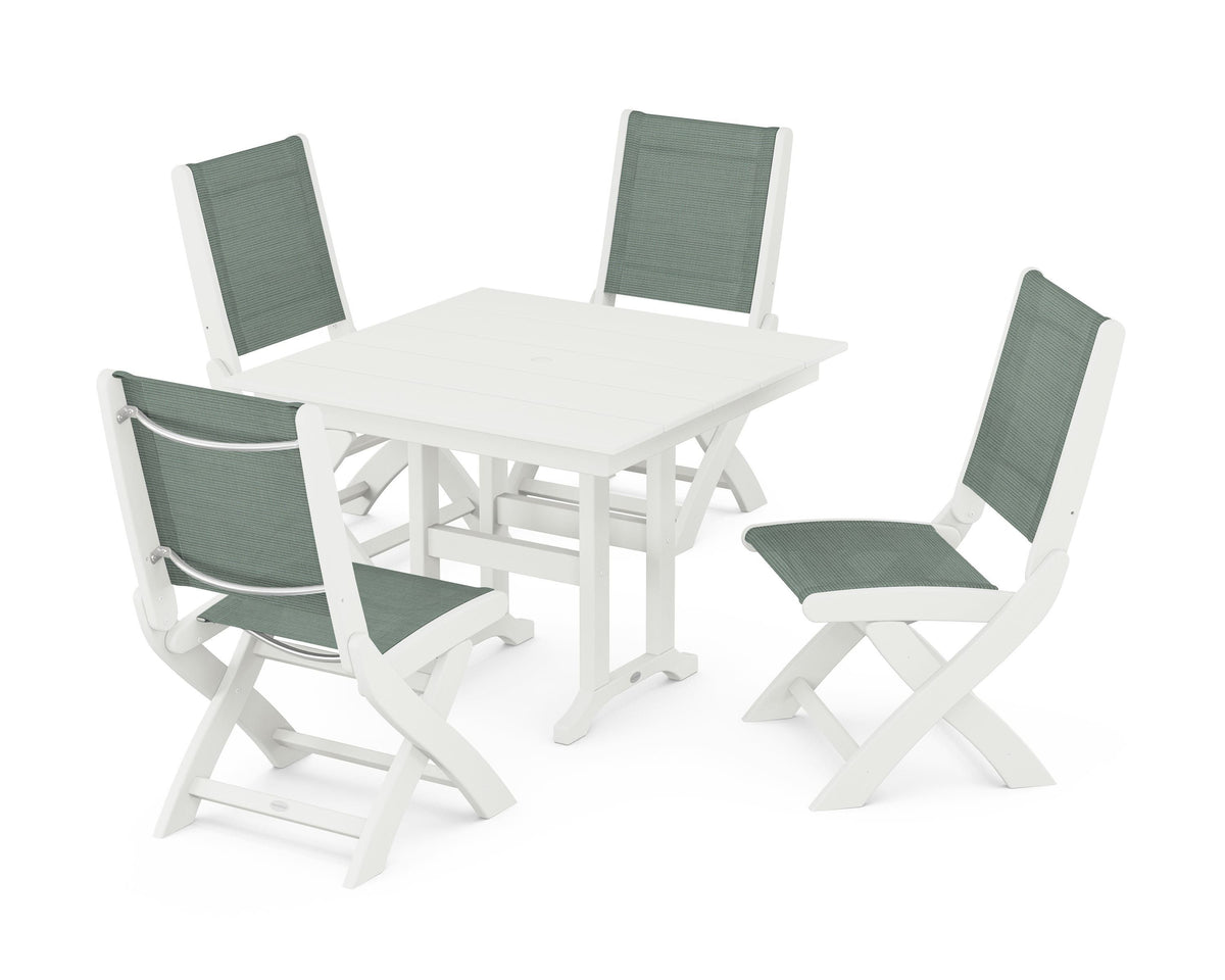 POLYWOOD Coastal Folding Side Chair 5-Piece Farmhouse Dining Set in Vintage White / Dupioni Sea Mist