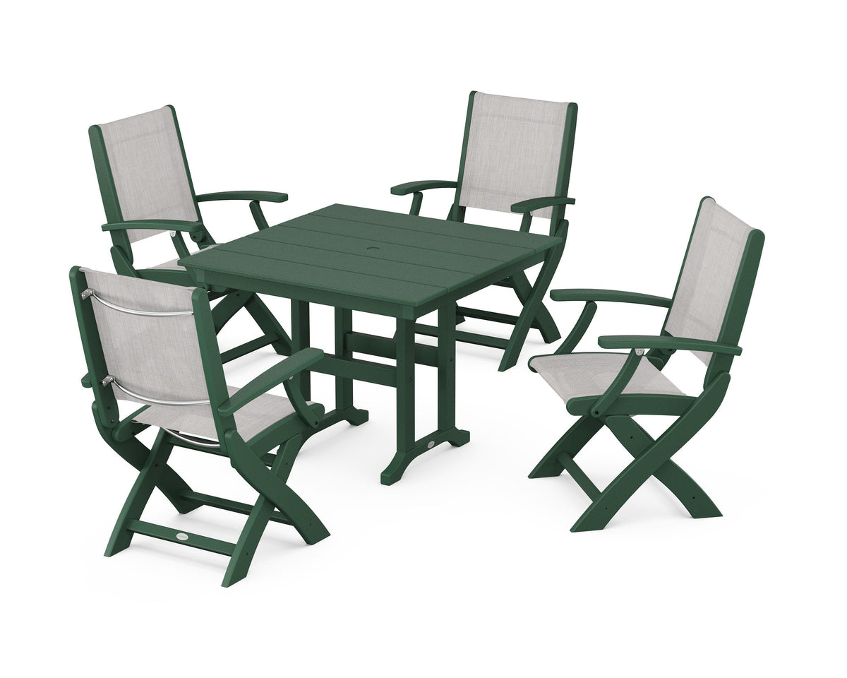 POLYWOOD Coastal Folding Chair 5-Piece Farmhouse Dining Set in Green / Parchment
