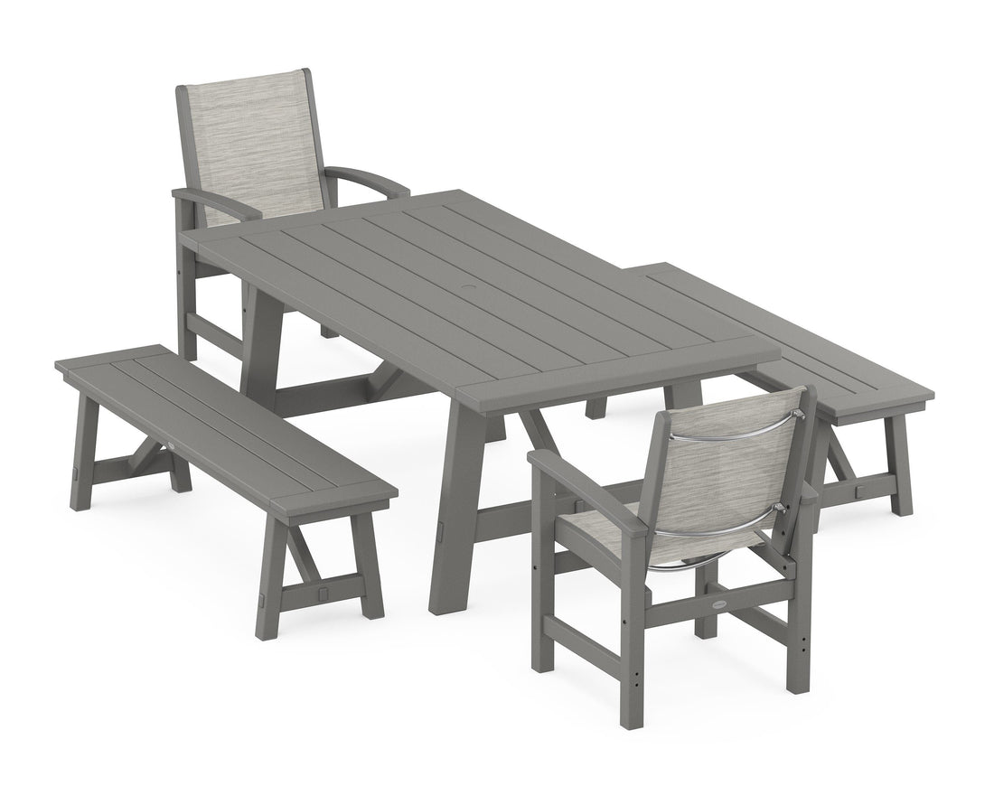 POLYWOOD Coastal 5-Piece Rustic Farmhouse Dining Set With Benches in Slate Grey / Birch