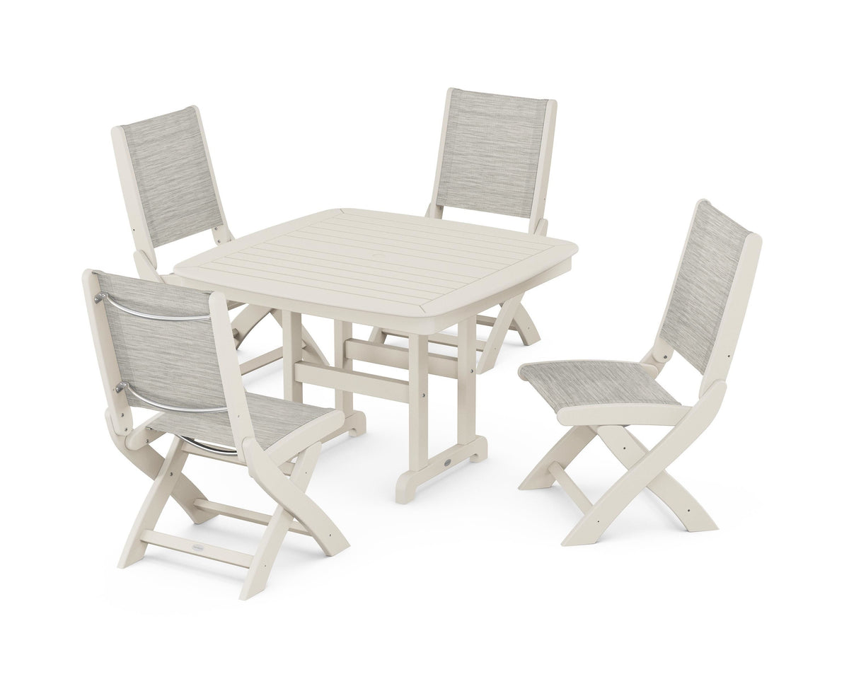POLYWOOD Coastal Folding Side Chair 5-Piece Dining Set with Nautical 44" Dining Table in Sand / Birch