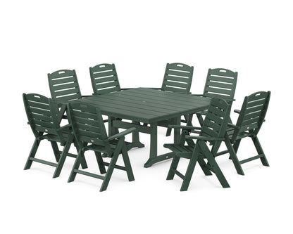 POLYWOOD Nautical Highback 9-Piece Square Farmhouse Dining Set with Trestle Legs in Green