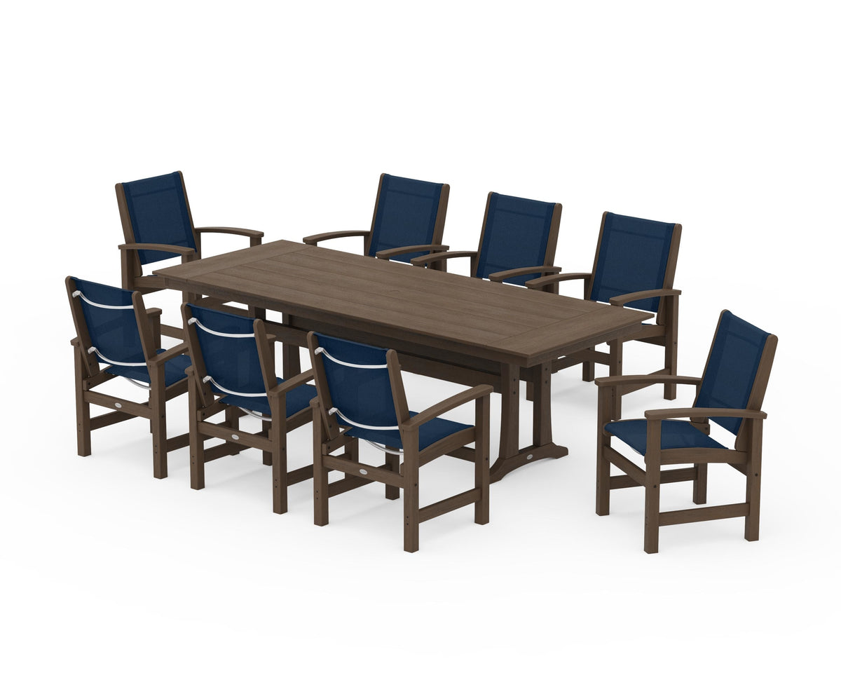 POLYWOOD Coastal 9-Piece Farmhouse Dining Set with Trestle Legs in Kona / Navy Blue