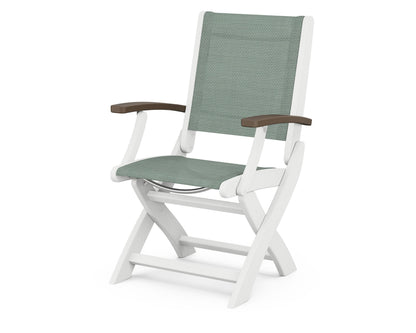 POLYWOOD Coastal Folding Chair in White with Kona arms and Dupioni Sea Mist sling