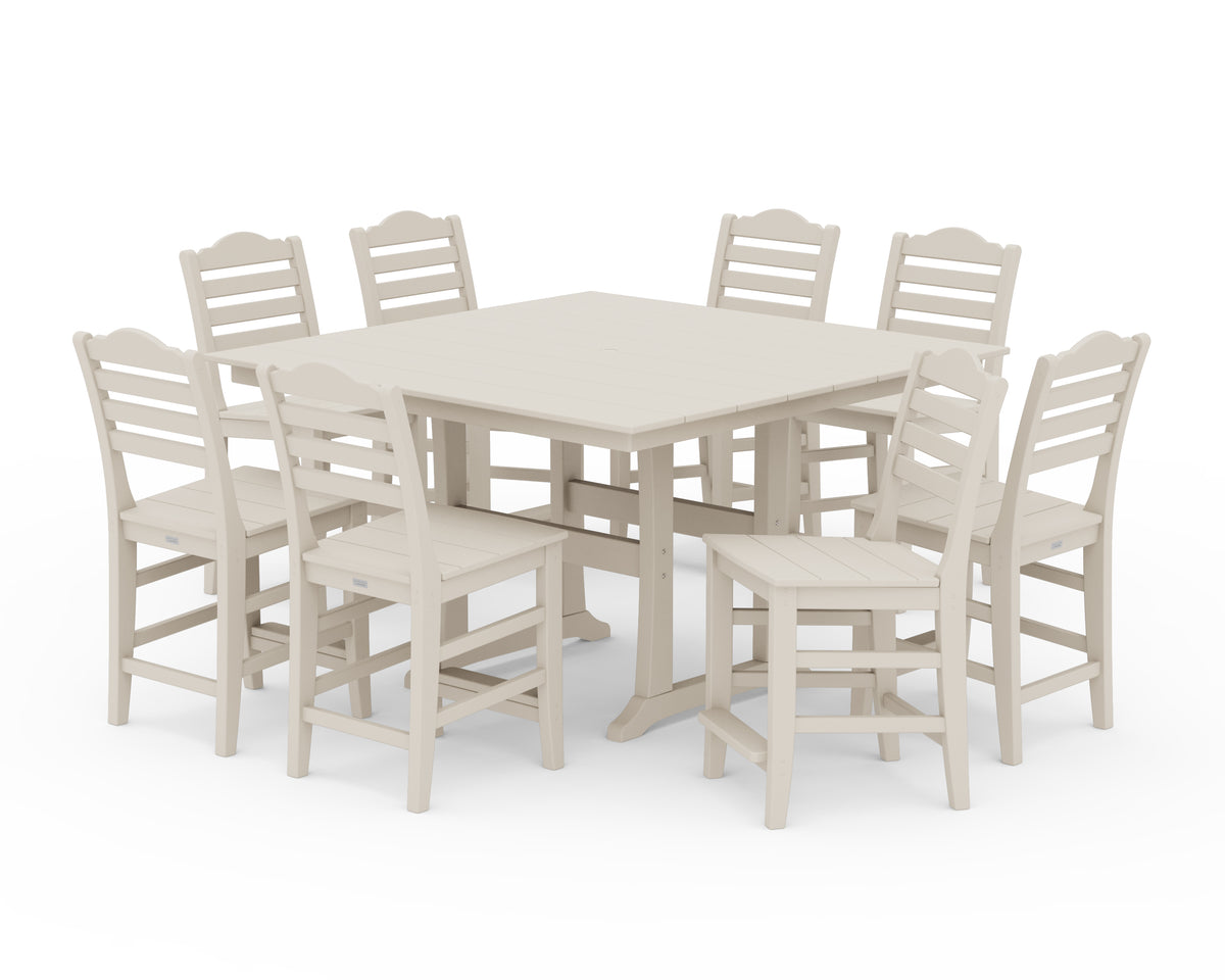 POLYWOOD Savannah Side Chair 9-Piece Square Farmhouse Counter Set with Trestle Legs in Sand