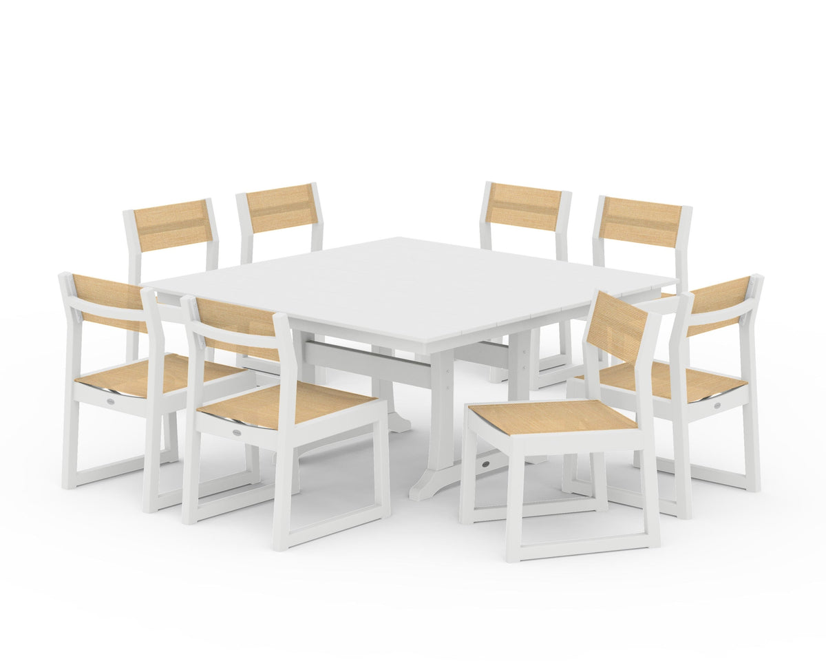 POLYWOOD EDGE Sling Side Chair 9-Piece Farmhouse Trestle Dining Set in White / Dupioni Apricot