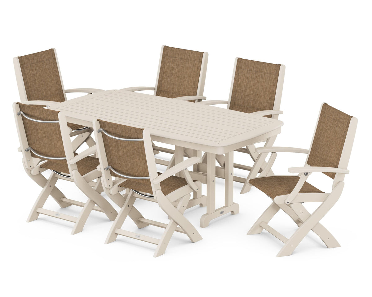 POLYWOOD Coastal Folding Arm Chair 7-Piece Dining Set in Sand / Burlap
