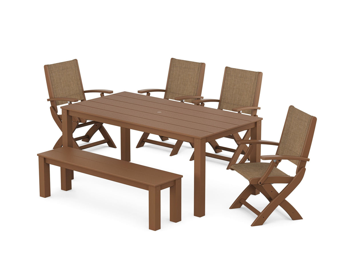 POLYWOOD Coastal Folding Chair 6-Piece Parsons Dining Set with Bench in Teak / Burlap