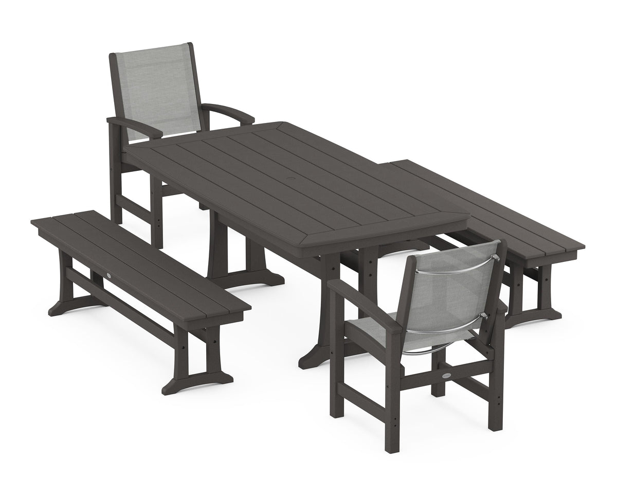 POLYWOOD Coastal 5-Piece Dining Set with Trestle Legs and Benches in Vintage Coffee / Metallic