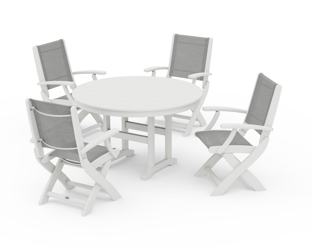 POLYWOOD Coastal Folding Chair 5-Piece Round Dining Set in Vintage White / Metallic