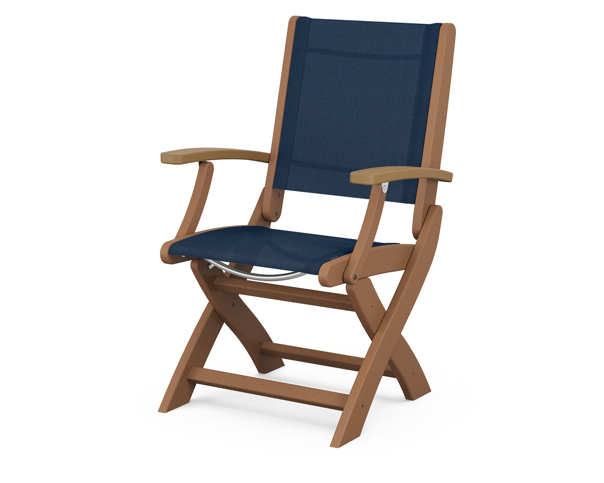 POLYWOOD Coastal Folding Chair in Teak with Natural arms and Navy Blue sling