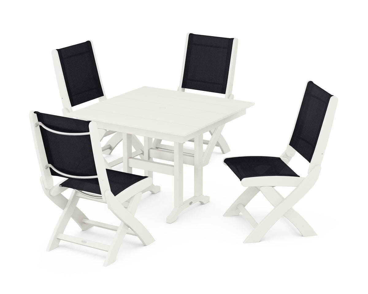 POLYWOOD Coastal Folding Side Chair 5-Piece Farmhouse Dining Set in Vintage White / Black