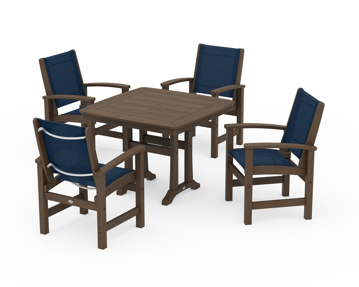 POLYWOOD Coastal 5-Piece Dining Set with Trestle Legs with Nautical Trestle 37" Dining Table in Kona / Navy Blue
