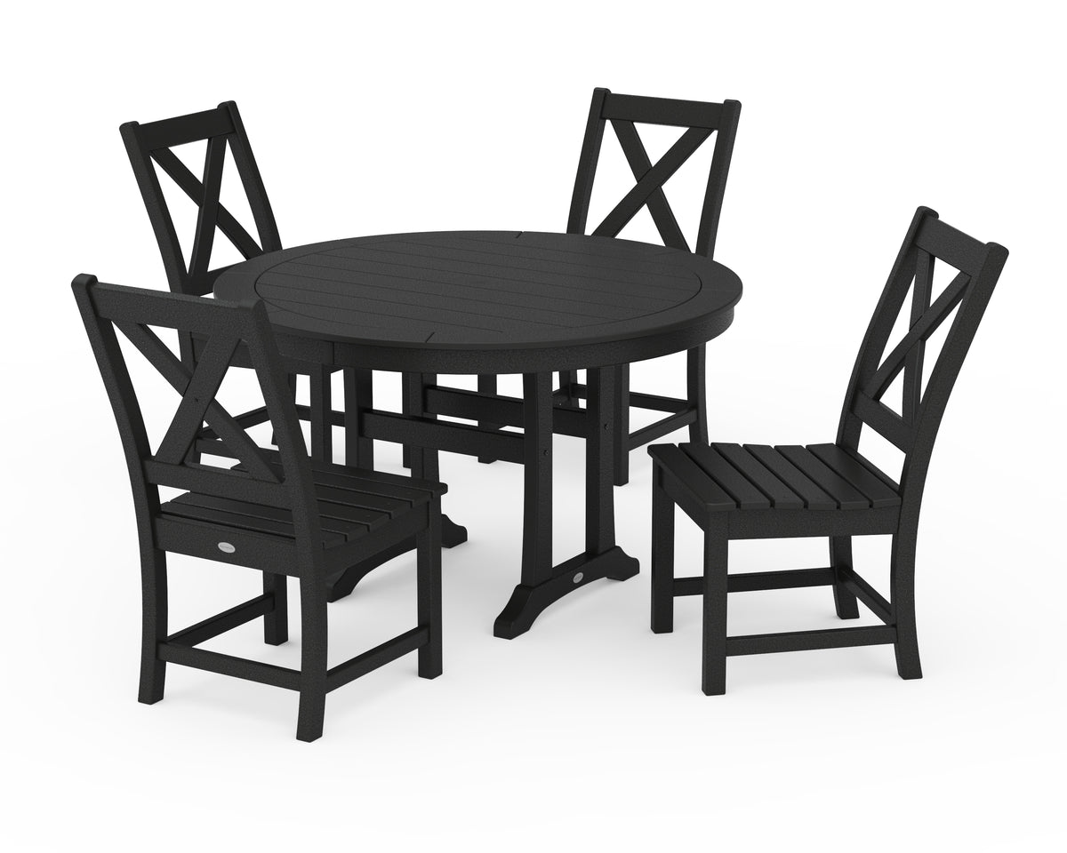 POLYWOOD Braxton Side Chair 5-Piece Round Dining Set with Trestle Legs in Black