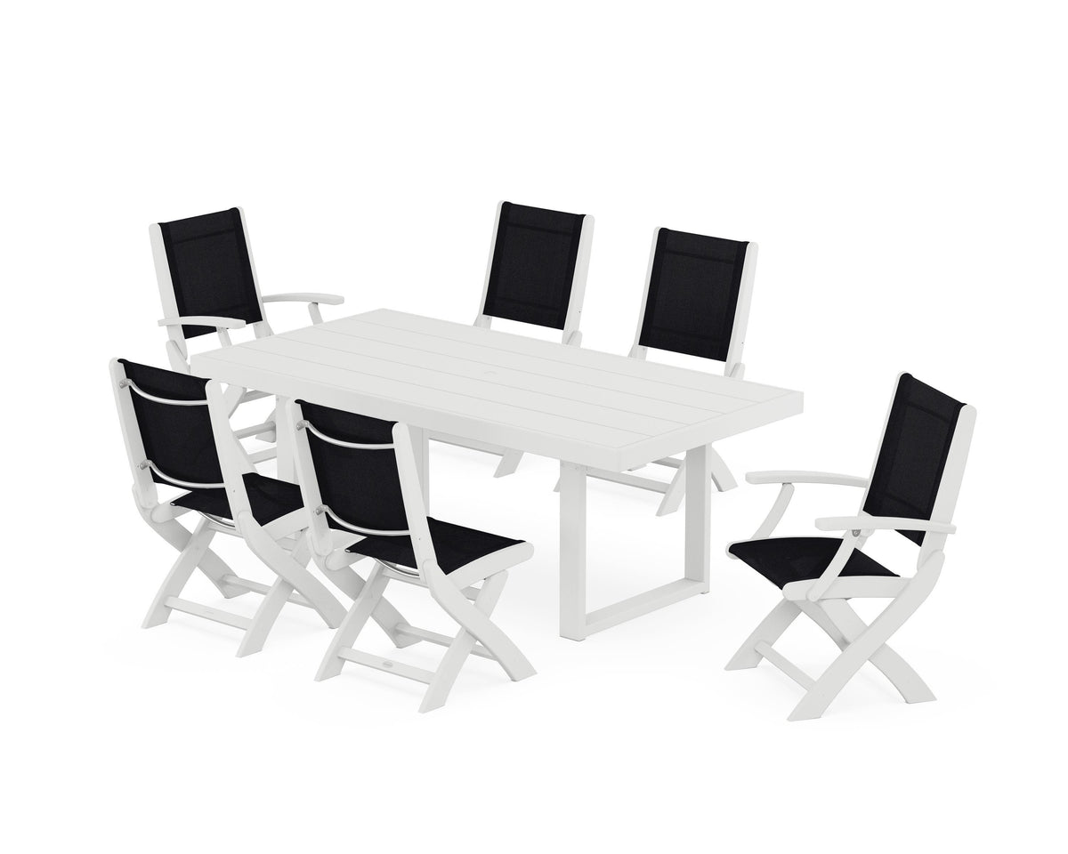 POLYWOOD Coastal Folding Chair 7-Piece Dining Set with Trestle Legs with EDGE 40" x 78" Dining Table in White / Black