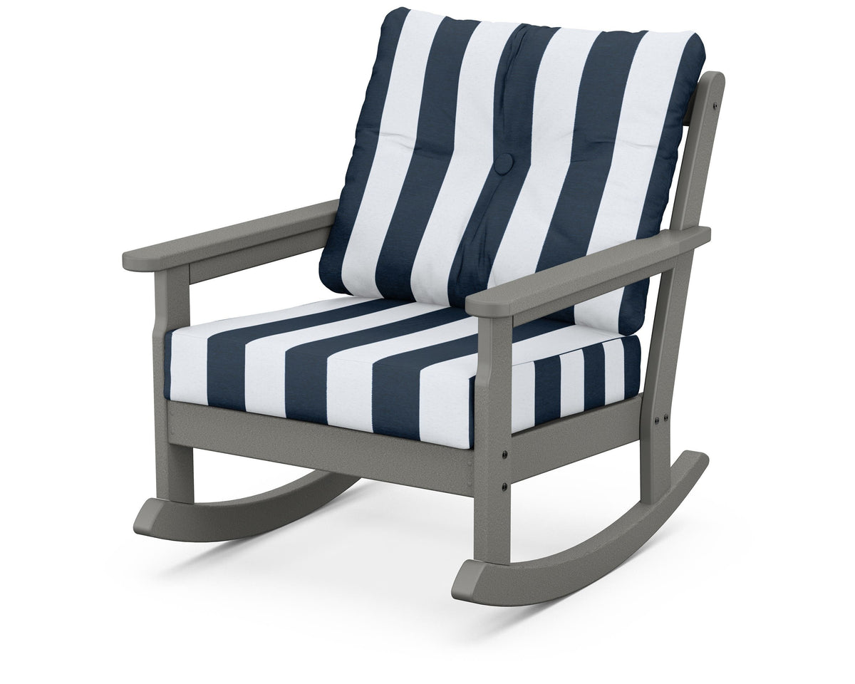POLYWOOD Vineyard Deep Seating Rocking Chair in Slate Grey / Cabana Stripe Marine Indigo