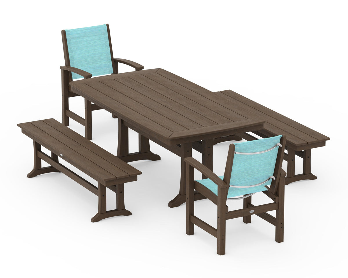 POLYWOOD Coastal 5-Piece Dining Set with Trestle Legs and Benches in Kona / Dupioni Aquamarine