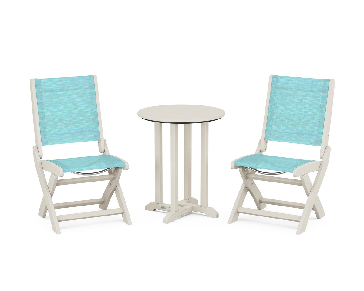 POLYWOOD Coastal Folding Side Chair 3-Piece Round Bistro Dining Set in Sand / Dupioni Aquamarine