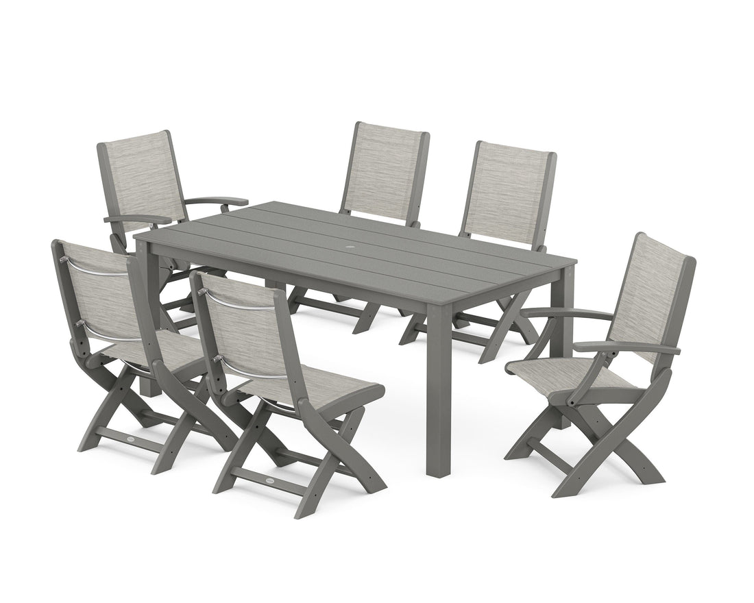 POLYWOOD Coastal Folding Chair 7-Piece Parsons Dining Set with Coastal Folding Side Chair in Slate Grey / Birch