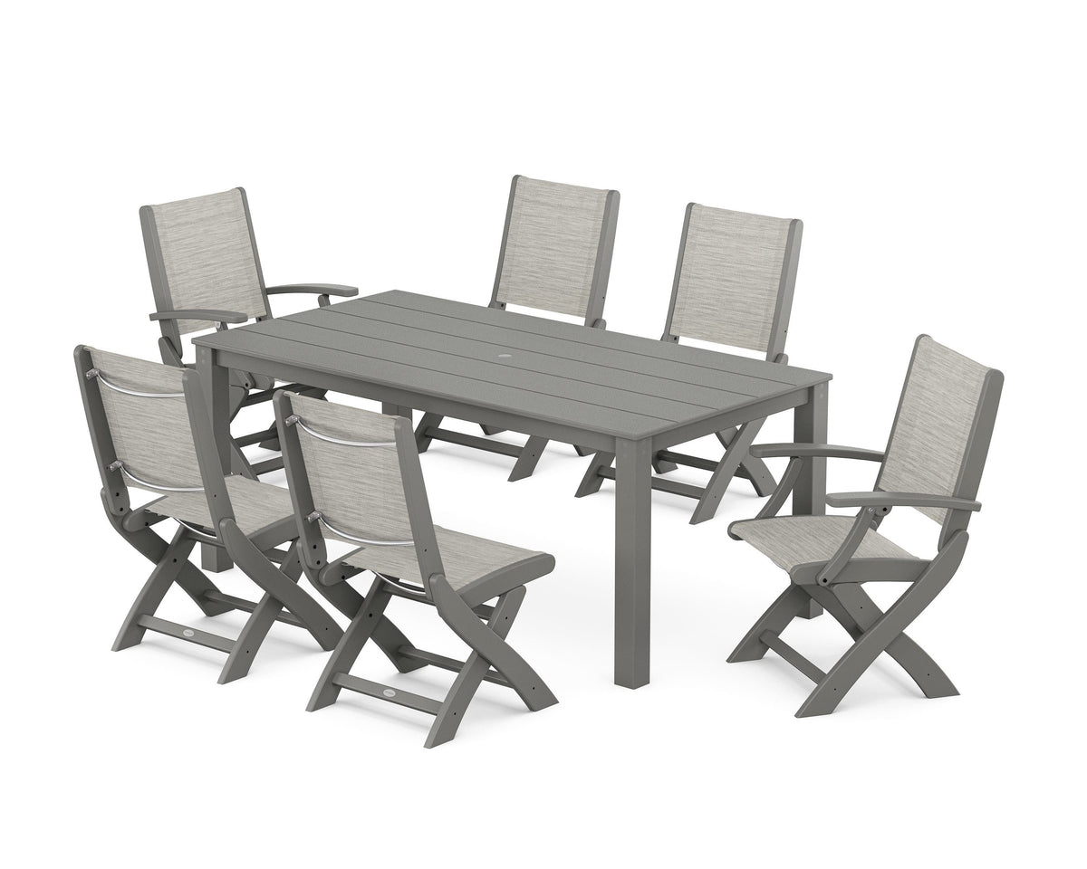 POLYWOOD Coastal Folding Chair 7-Piece Parsons Dining Set with Coastal Folding Side Chair in Slate Grey / Birch