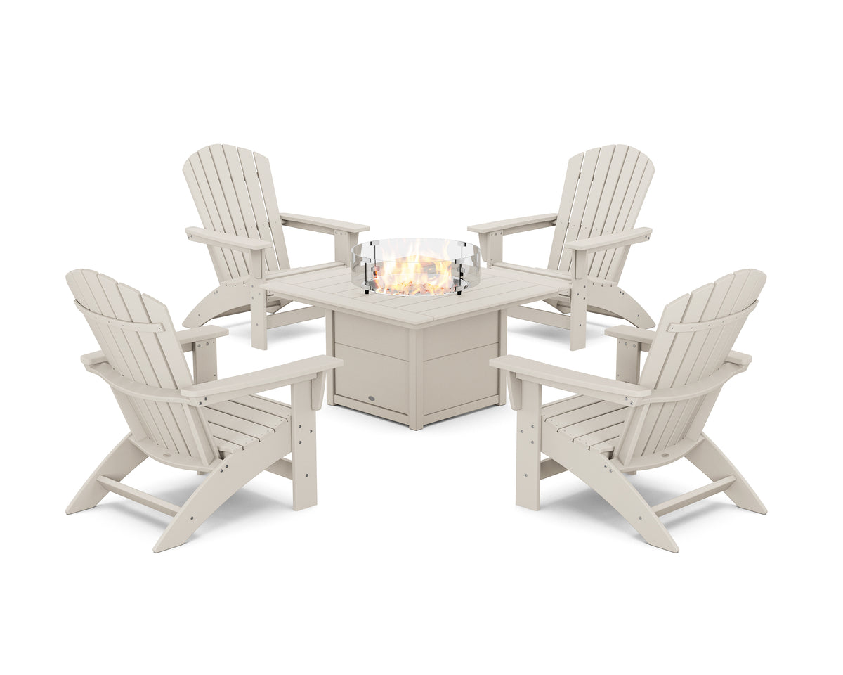 POLYWOOD 5-Piece Nautical Grand Adirondack Conversation Set with Fire Pit Table in Sand