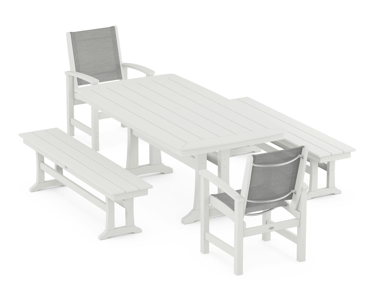 POLYWOOD Coastal 5-Piece Dining Set with Trestle Legs and Benches in Vintage White / Metallic