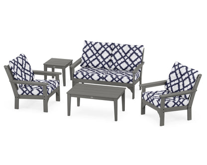 POLYWOOD Vineyard 5-Piece Deep Seating Set with Two Chairs and Loveseat in Slate Grey / Trellis Navy