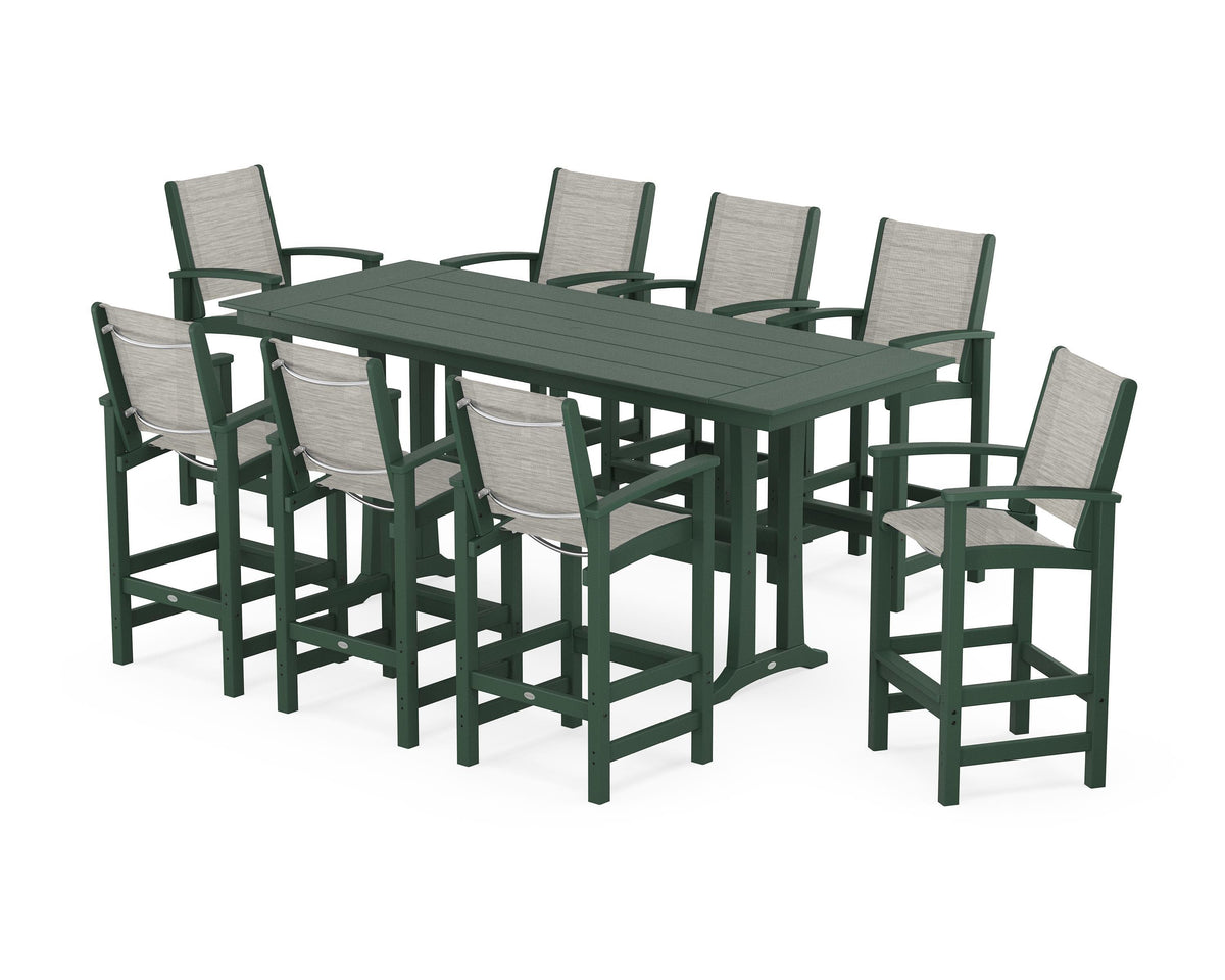 POLYWOOD Coastal 9-Piece Farmhouse Bar Set with Trestle Legs in Green / Birch