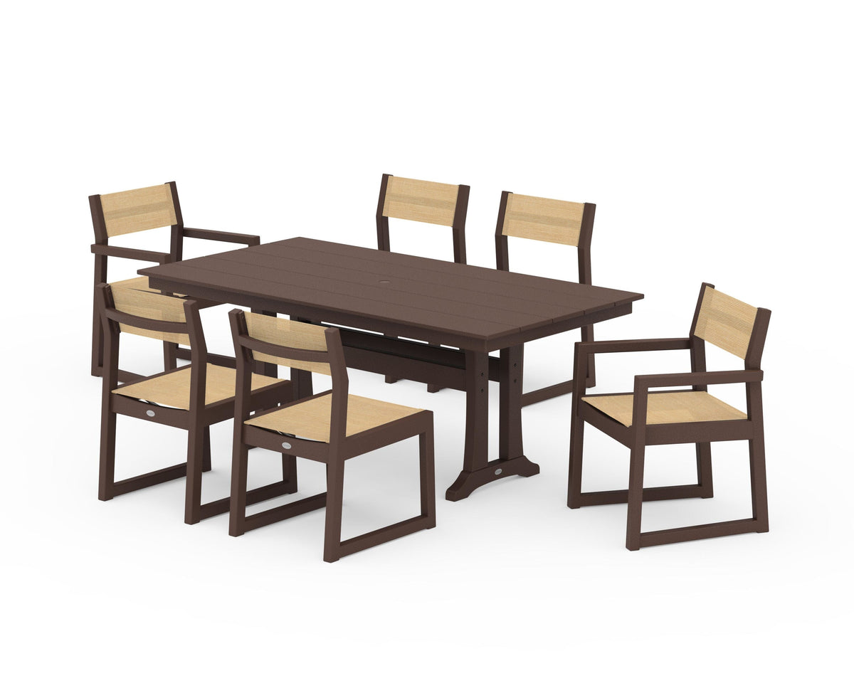 POLYWOOD EDGE Sling 7-Piece Farmhouse Trestle Dining Set in Mahogany / Dupioni Apricot