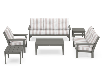 POLYWOOD Vineyard 6-Piece Deep Seating Set in Slate Grey / Cabana Stripe Dune Burlap