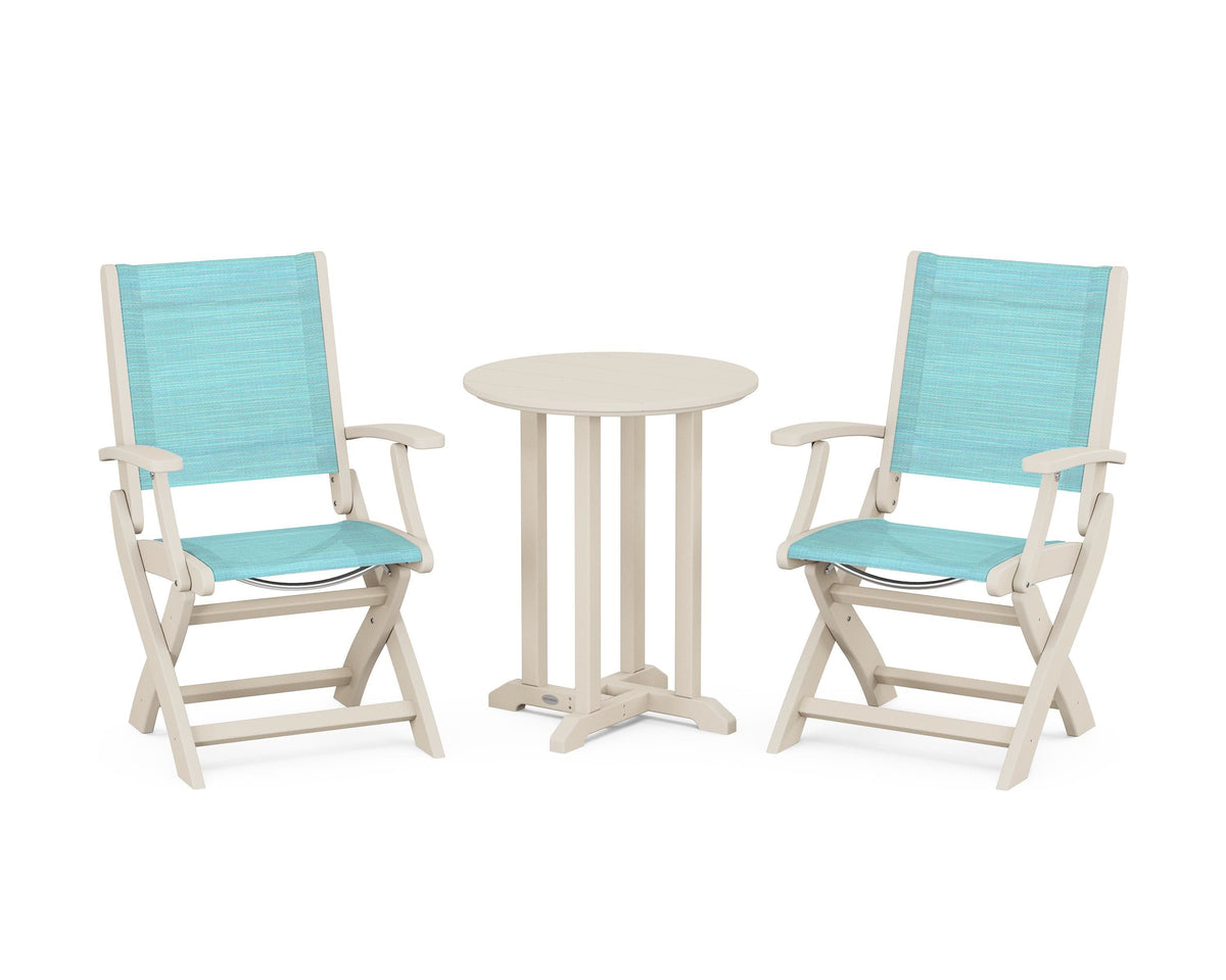 POLYWOOD Coastal Folding 3-Piece Round Bistro Dining Set in Sand / Dupioni Aquamarine