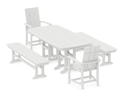 POLYWOOD Modern Adirondack 5-Piece Nautical Dining Set with Benches in White
