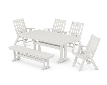 POLYWOOD Vineyard Folding Chair 6-Piece Dining Set with Trestle Legs and Bench in Vintage White