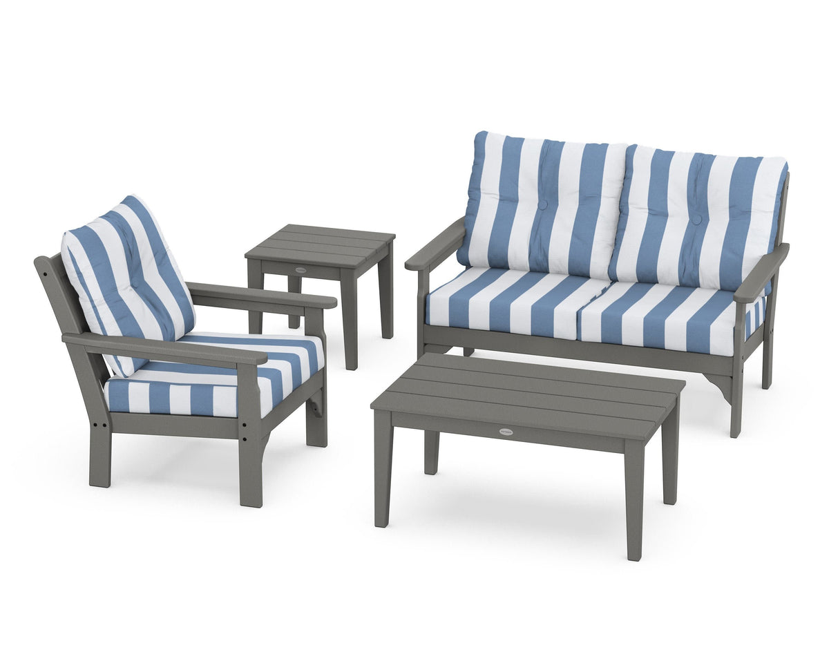POLYWOOD Vineyard 4-Piece Deep Seating Set with 36" Coffee Table in Slate Grey / Cabana Stripe Sky Blue